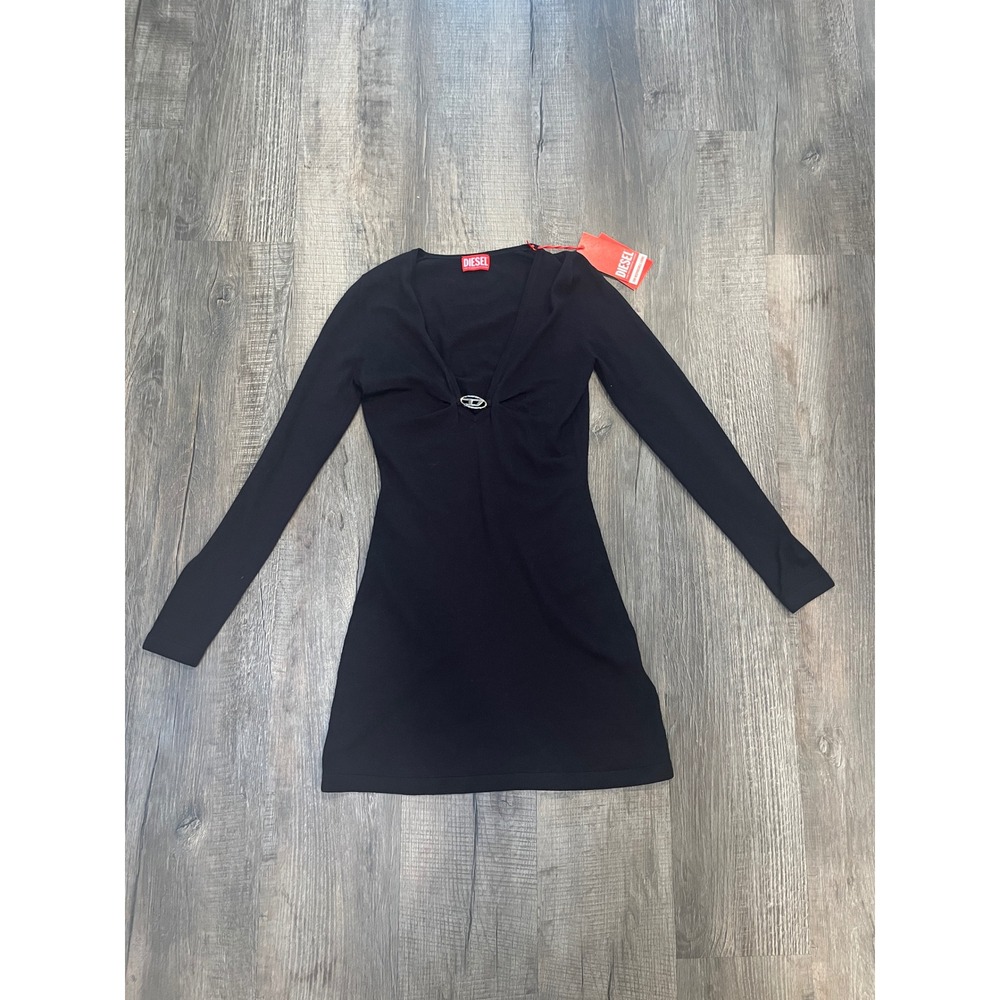 Diesel Womens Black Long Sleeve V-Neck Mini Dress D Logo Hardware A17454 Size S